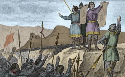 II. Kopasz Károly (823-77) és testvére, Német Lajos szerződést köt Strasbourgban 842-ben – II. Kopasz Károly (823-877), francia király és a nyugati császár, valamint Germanique Lajos strasbourgi esküje. , 842. február 14. - Metszet