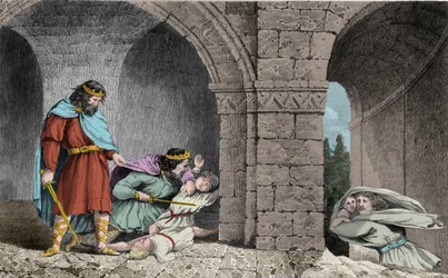 I. Childebert (kb. 498-558) fivérei örököseinek meggyilkolásánál - I. Childebert hagyta, hogy Clotaire (Clothaire) lemészárolja testvérük, Orléans királya, Clodomir gyermekeit, akinek államain osztoztak - 1825-ös metszet a „Histoire de France represented