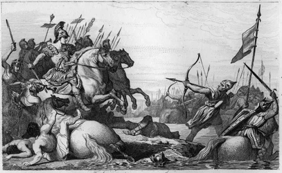 A Hosszú Hajú Chlodio (kb. 428-kb. 448) az Aetiustól elszenvedett veresége után visszavonul a hídon át - A „Hosszú Hajú“ melléknevű Chlodio (kb. 428-kb. 448), a Merovingok őse és a száli frankok vezére - Chlodiót legyőzi Aetius, III. Valentinianus