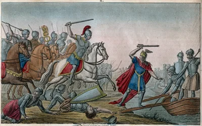 Chlodio, akit „Hosszúhajúnak“ neveztek (428-448), a Merovingok őse és a száli frankok vezére. Chlodiót legyőzte Aetius, III. Valentinianus hadvezére, aki arra kényszerítette, hogy ismét átkeljen a Rajnán. Ambroise Tardieu rajza és metszete, 1825.