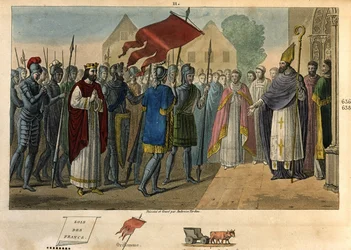 Dagobert 603 – 639, lebontva a zászlót St Denisben – I. Dagobert (? – 639), a frankok királya, a Meroving-dinasztia. Megalapította Saint Denis apátságát, ahol letétbe helyezte az oriflamet. Ambroise Tardieu rajzai és sírja 1825-ben.