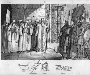 Dagobert 603-639 lebontja a transzparenst St Denisben – I. Dagobert, a frank király, aki a Saint-Denis-i apátságot létrehozta, ott helyezte el az oriflame-t 634 körül – 1825-ös metszet a „Histoire de France szinoptikus festményekkel ábrázolva dedie”