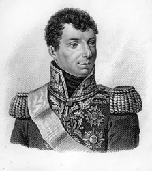 Duroc tábornok. Géraud Christophe Michel Duroc, Frioul hercege (1772-1813).- „Francia tábornokok portréi a franciák győzelmei és csatái nyomán” c. Ambroise Tardieu metszete 1818-ban. Stella Collection.
