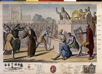 Isten akarja: a Clermont-i Zsinatban (ma Clermont Ferrand (Clermont-Ferrand), Auvergne) Remete Péter prédikálja az első keresztes hadjáratot II. Urbán pápa előtt.