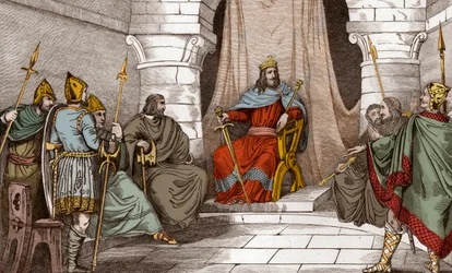 Charibert király (521-567) tanácsban a bírókkal - Caribert vagy Cherebert, Párizs királya (561-567) tanácsot tartott, vagy igazságot szolgáltatott - 1825-ös metszet a „Histoire de France-ban, amelyet szinoptikus festmények képviselnek Franciaország gyermek