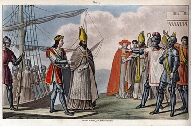IV. Outremer Lajos (Tengerentúli, Tengerentúli) (921-954), Karoling-dinasztia. Guillaume, Archeveque de Sens hozta vissza Angliából Franciaországba, hogy visszaszerezze Nagy Hugues gyámsága alatt. - Ambroise Tardieu rajza és sírja 1825-ben.