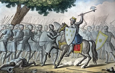 VI. Lajos, akit „a Grosnak” neveznek (1081–1137), a brenneville-i csatában megpróbálja 1119-ben eltávolítani Normandiát I. Henrik királytól. – Ambroise Tardieu tervezte és vésette 1825-ben.