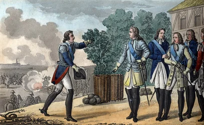 XV. Lajos (1710-1774). A király és a Dauphin részt vesz a fontenoyi csatában, amely nagyon fontos volt az osztrák örökösödési háború kimenetelében. A szász marsall 1748-ban megnyerte a fontenoyi csatát. Ambroise Tard tervezte és metszett