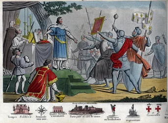 II. Fülöp (1165-1223), Capetianus „Augustus”-ként ismert király azt javasolja, hogy a koronát katonáinak adják, ha egy nappal a bouvines-i csata előtt meg tudják tartani, de mindenki inkább megtartja királyát. A csata megnyerésével II. Fülöp elpusztított e