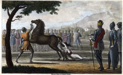 Brunhilda ausztráziai királyné, I. Sigebert ausztráziai király feleségének, egy vizigót hercegnőnek halála - Brunehaut (vagy Brunehilde) halála, II. Chlothar parancsára (613). Ambroise Tardieu rajza és metszete, 1825.