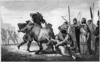 Brunhilda austrasiai királyné, I. Sigebert austrasiai királyhoz feleségül ment vizigót hercegnő halála - Brunhilda megkínzása: Brunhildát vagy Brunehildét (543-613), II. Chlothar foglyát 613-ban egy tüzes ló farkához kötözik - E