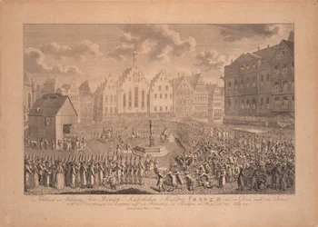 II. Ferenc koronázási menete a frankfurti dómtól a Römerbergig 1792 júliusában