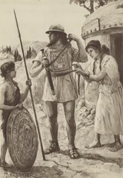 Egy bronzkori dőlt farmer, harcra felfegyverkezve (litho)