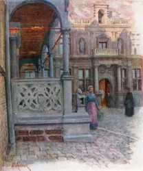 A városháza és az igazságügyi palota perisztiluma, Furnes (színes litográfia)
