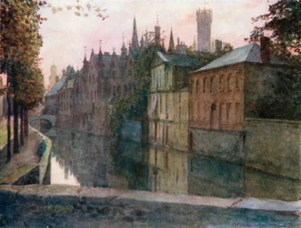 A bruges-i Palais du Franc látképe (színes litográfia)