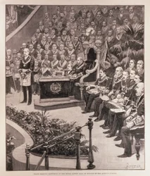 Nagy szabadkőműves gyűlés a Royal Albert Hallban a királynő jubileumának tiszteletére, a „The Illustrated London News” 1887. június 18-i számából