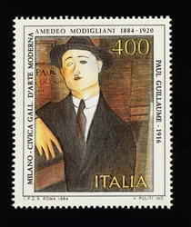 Postai bélyeg az olasz művészeti sorozatból Amedeo Modigliani (1884-1920) tiszteletére, Paul Guillaume portréja (1916), 400 lírás bélyeg