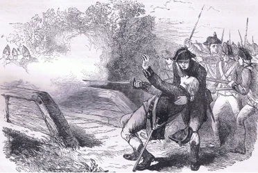 Death of Isaac Davis, illustration from Cassells History of the United States published by Cassell, Petter & Galpin, c.1900 (litho)