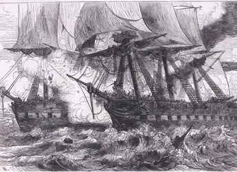 Harc a Chesapeake és a Shannon között, illusztráció az Egyesült Államok Cassells történetéből, Cassell, Petter & Galpin kiadásában, 1900 körül (litho)