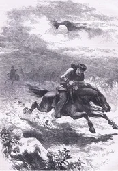 Paul Revere, a felderítő üldözése, illusztráció az Egyesült Államok Cassells történetéből, kiadó: Cassell, Petter & Galpin, 1900 körül (litho)