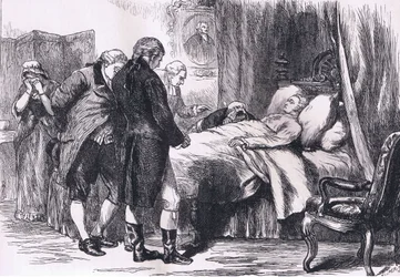 Washington a halálos ágyán, illusztráció a Cassells History of the Egyesült Államokból, kiadó: Cassell, Petter & Galpin, 1900 körül (litho)
