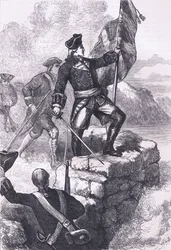 Washington a brit zászlót tűzi ki Fort Duquesne-ben, illusztráció a Cassells History of the Egyesült Államokból, kiadó: Cassell, Petter & Galpin, 1900 körül (litho)
