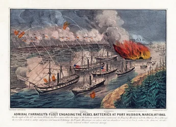 Farragut admirális flottája harcba száll a lázadó ütegekkel Port Hudsonban, március 14.