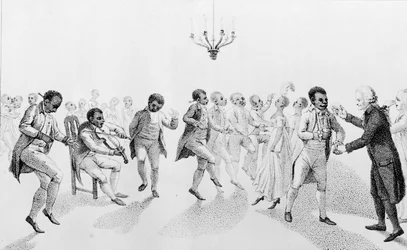 Afroamerikaiak egy bálon John Hancock kormányzóval (1737-93), Richard Alsop (1761-1815) The Echo, with other poems című művéből, 1807