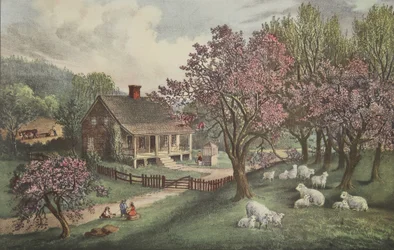 American Homestead – tavasz, pub. 1869, Currier & Ives