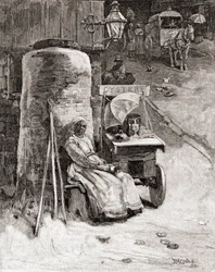Osztrigaárus a szekerével a washingtoni haditengerészeti kikötő közelében, Washington D.C., a 19. században, a "The Century Illustrated Monthly Magazine" című, 1884-ben megjelent kiadványból (metszet).