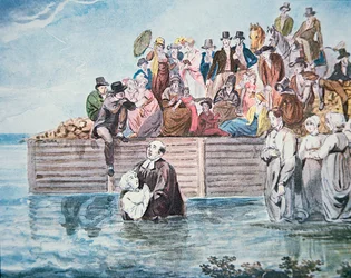 A philadelphiai anabaptisták egy folyóban való teljes alámerítésnek tanúi (színes litho)