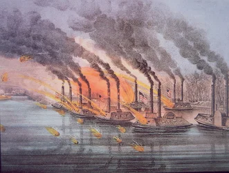 Páncélozott ágyús csónakok Andrew Foote amerikai zászlós tiszt parancsnoksága alatt, 1862. február 6. (színes metszet)