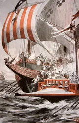 Arouji, Barbarossa testvére, megtámadja II. Julius pápa kincses gályáit, 1504-ben (színes litográfia)
