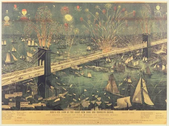 Madártávlat a Great New York-i és a Brooklyn Bridge-re, valamint a nagy tűzijáték kiállításra az 1883-as nyitó estéjén