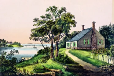 George Washington születési helye Bridges Creekben, Westmoreland megye, Virginia, 1732. február 22., kiadó: Currier és Ives
