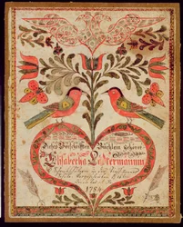 Két madarat és egy szívet ábrázoló könyvjelző, 1784