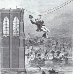 Brooklyn híd épül; Farrington úr, az építési főfelügyelő 1876. augusztus 25-én először lépi át a két oszlop közötti távolságot (metszet)