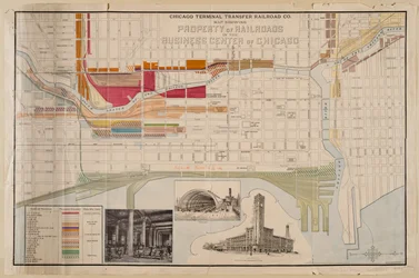 Chicago Terminal Transfer Railroad Co. térkép, amely a vasútvonalak tulajdonát mutatja Chicago üzleti központjában, 1898 körül.