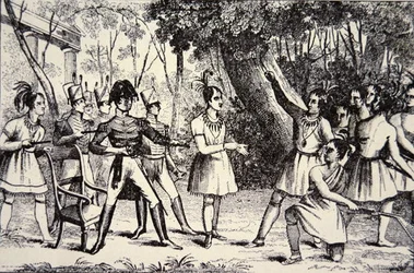 Tecumseh főnök (1768-1813) dacol Harrison tábornokkal (1773-1841) (metszet)