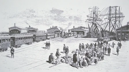 San Franciscóba érkező kínai bevándorlók vagy „Cooliek” a transzkontinentális vasúton dolgoznak az 1860-as években (litho)