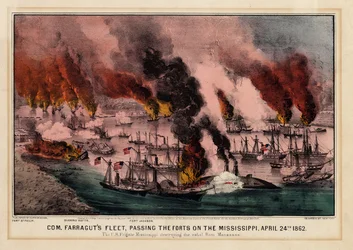 Com. Farraguts flotta, elhaladva az erődök mellett a Mississippin, 1862. április 24., pub. Currier & Ives, 1862