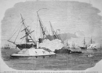 A konföderációs vaskalaposok megtámadják a szövetségi blokádosztagot Charlestonnál, 1863. április 4. (litho)