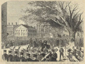 Connecticut – A Connecticuti Pythias Lovagok első nyilvános felvonulása New Havenben. The Scene on Chapel Street, a Harper