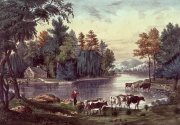 Tehenek a tó partján, Nathaniel Currier (1813-88) és James Merritt Ives (1823-95) (színes litó)