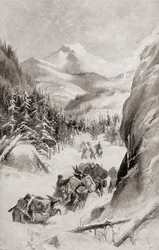 Fremont a Sziklás-hegységben, Észak-Amerikában negyedik, 1848-as expedíciója során, az 1905-ben megjelent „Hazánk története” című művéből (litho)