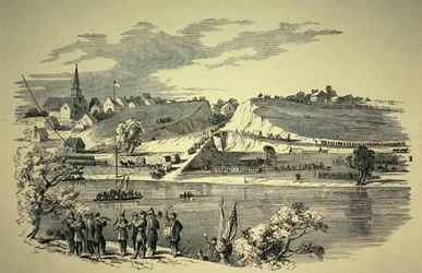 A General Bank (1816-94) szakszervezeti hadosztálya átkelt a Potomacon a marylandi Williamsportból, hogy megtámadja a konföderációs hadsereget Jackson tábornok (1824-63) vezetésével 1862-ben (litho)