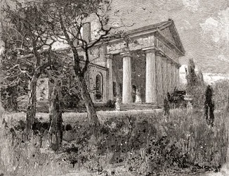 Robert E. Lee tábornok háza, Arlington, Virginia, a 19. században, a "The Century Illustrated Monthly Magazine" című, 1884-ben kiadott lapból (metszet).