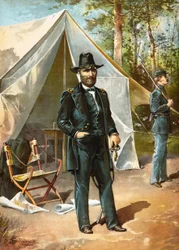 Ulysses S Grant tábornok a sátra előtt áll az amerikai polgárháború idején, kocsma. 1892