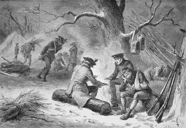 George Washington katonái Valley Forge-ban, 1777-78 tél (litho)