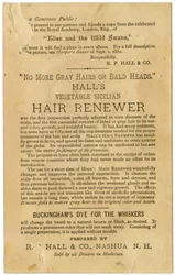 Halls Növényi szicíliai hajmegújító, visszaállítja az ősz haj eredeti színét és megelőzi a kopaszodást. Verso, (litográfia [kereskedelmi kártya])